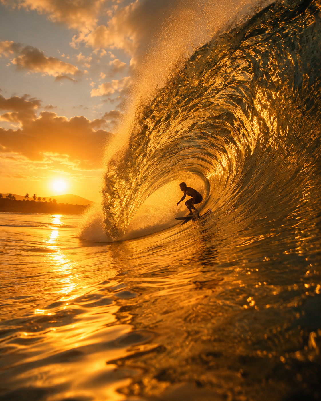 Surfer riding through a golden ocean wave