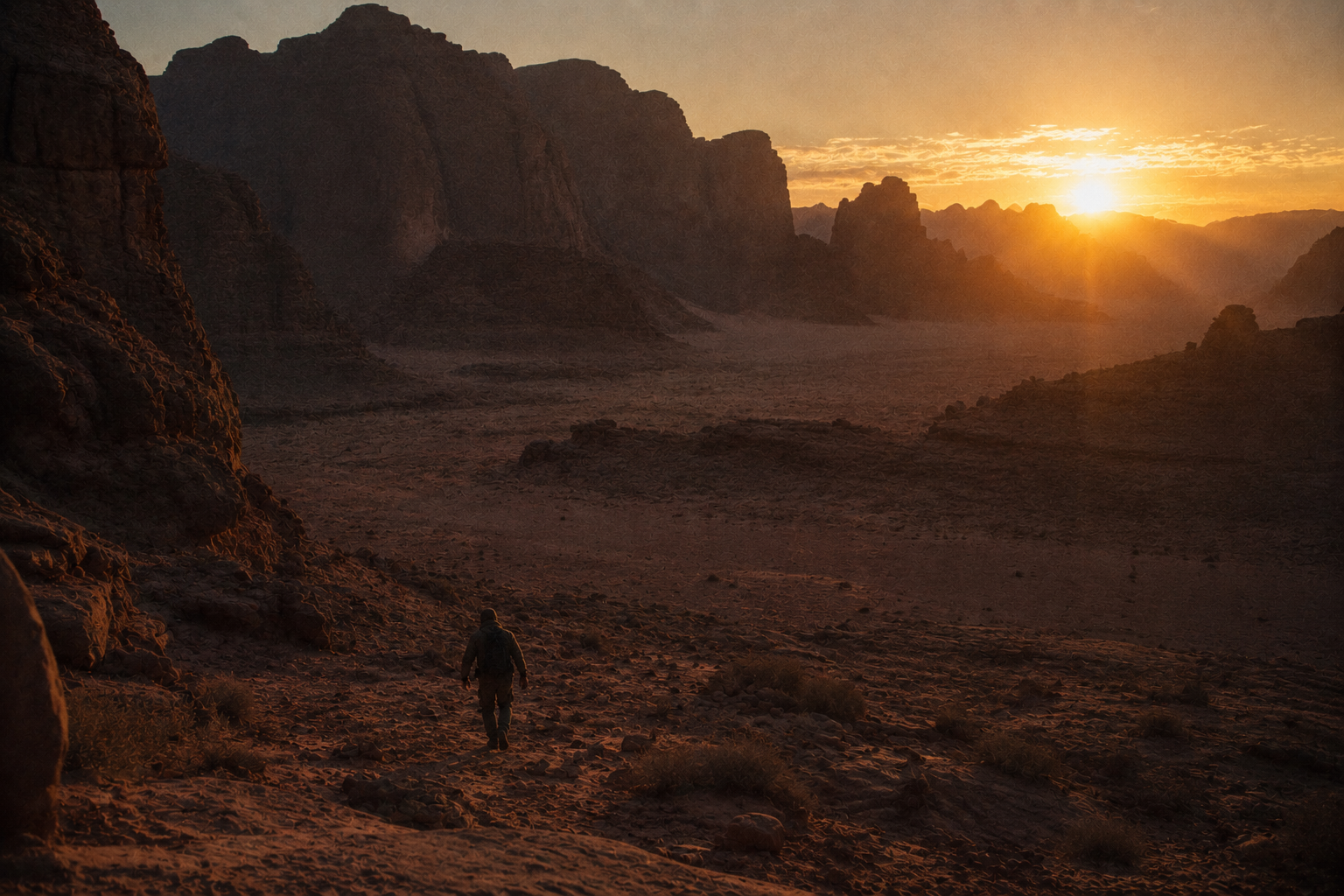 Hiker crossing a rocky mountain stream at sunset