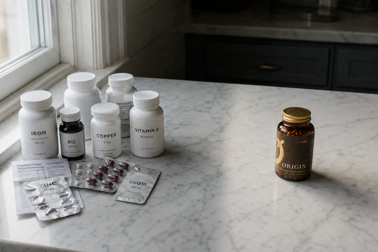 Synthetic supplement bottles on a marble counter beside a single Mykora Origin bottle