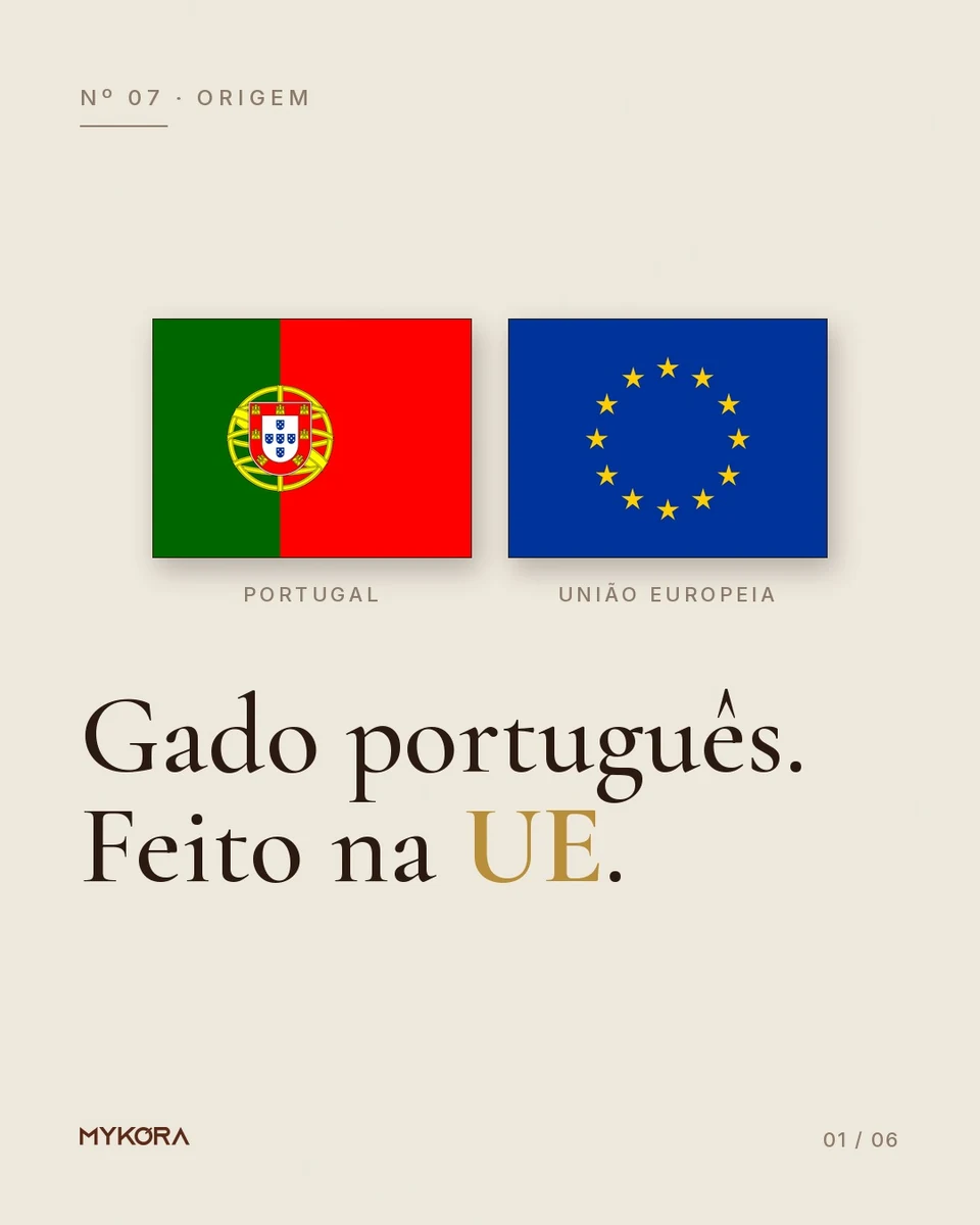Portuguese and European Union flags on a cream cover. Text in Portuguese: Gado português. Feito na UE.