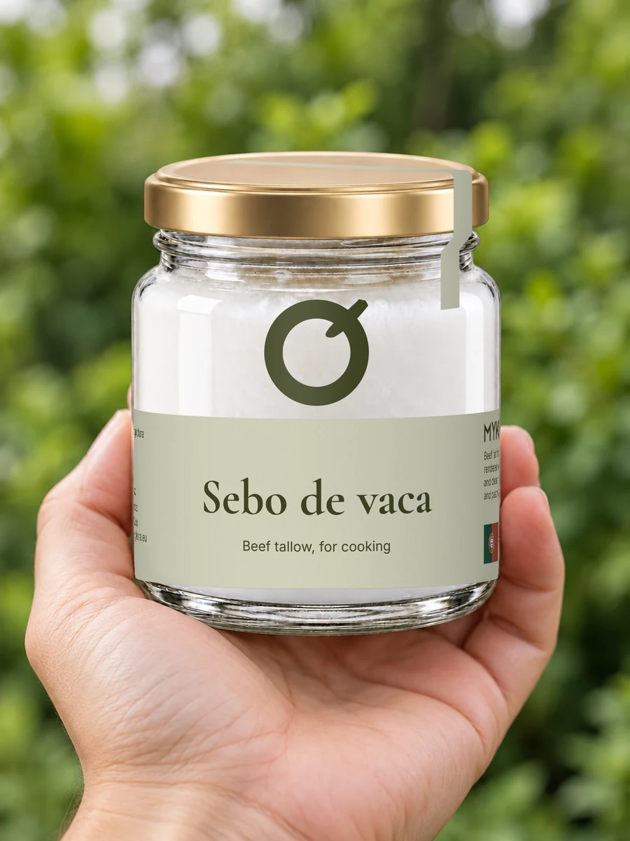MYKORA Sebo de vaca, held outdoors in cropped hands; generated illustration with original artwork
